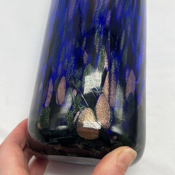 Large Heavy Handblown Cobalt Blue Glass Vase with Gold and Green Streaks - Picture 8 of 8